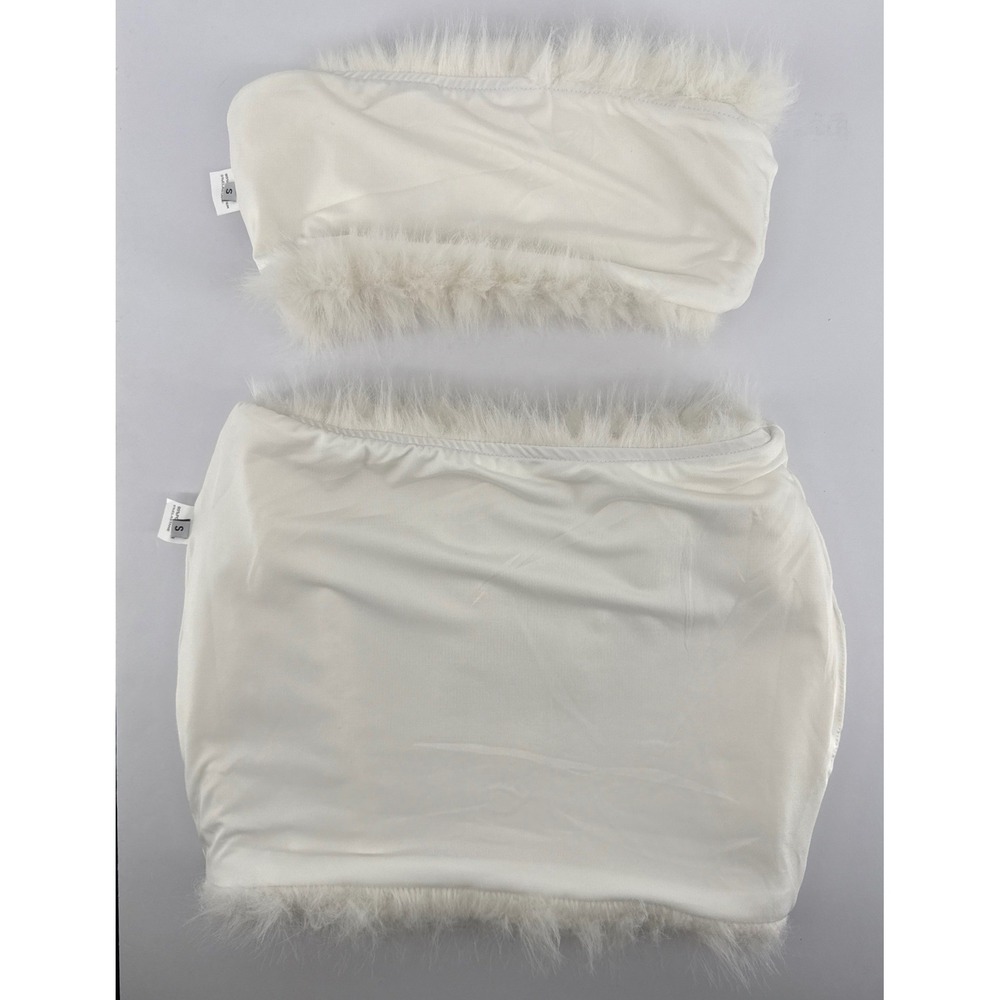 Womens White Faux Fur 2 Piece Set Strapless Tube Top and Mini Skirt Small - Picture 3 of 7